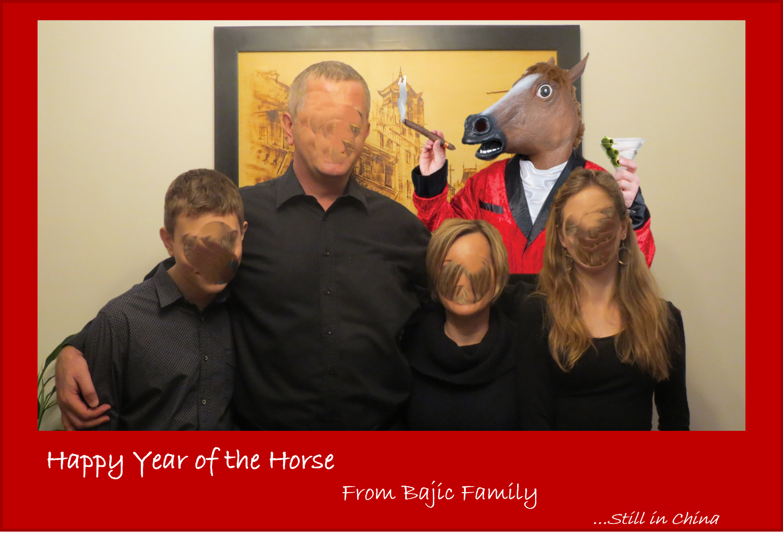 The first family greeting card I worked on, made in Microsoft Publisher at the peak of this regal horse meme. Faces removed for privacy